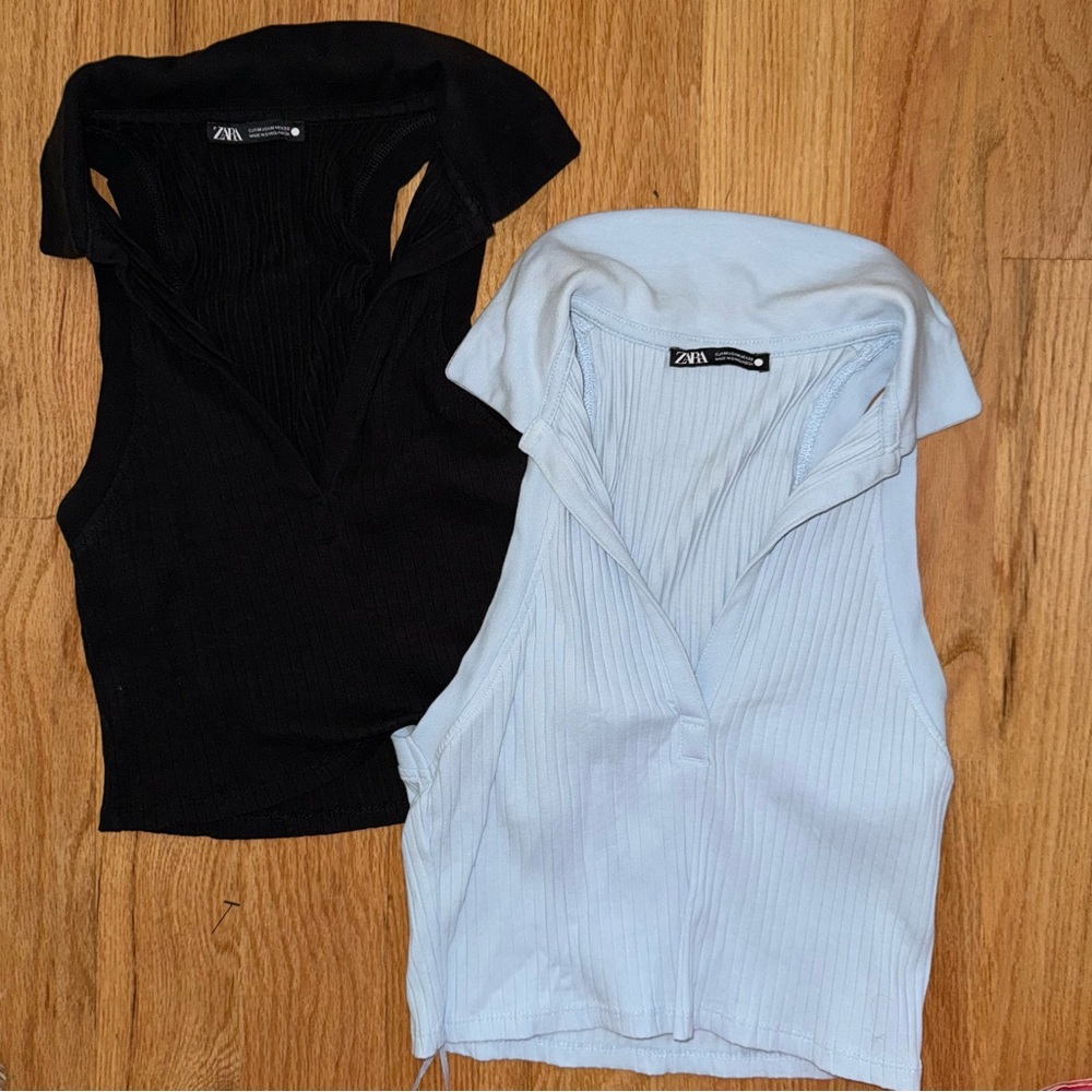 Zara Ribbed V-Neck Sleeveless Crop Tops - Black & Light Blue